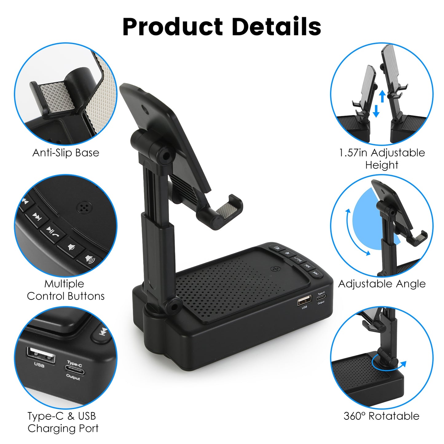 1Pc Cell Phone Stand With HD Surround Wireless Speaker Power Bank Portable Foldable Charging Phone Stand With Anti Slip Base Compatible With Phone Tablet For Home Office Outdoor